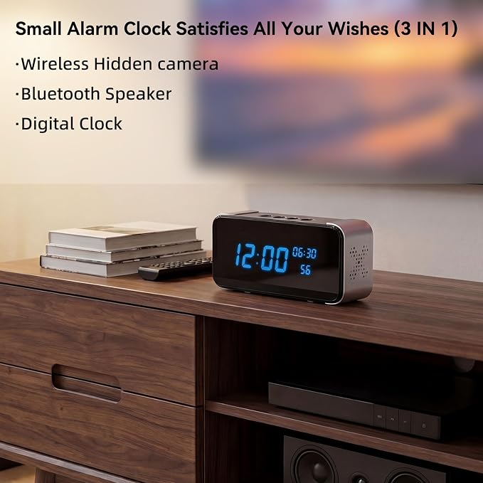 Wireless Security Mini Camera, 4K Full HD Nanny Cam with Alarm Clock and Bluetooth Speaker, Excellent Night Vision & Motion Detection Alarm, Mobile Phone Remote APP Control, Support 5G and 2.4G