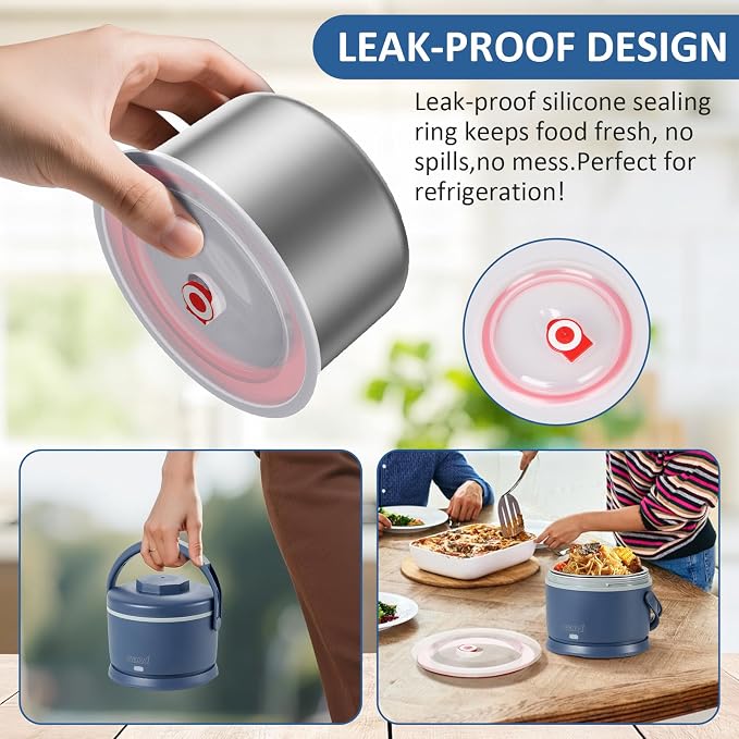 Electric Lunch Box for Adults 40 oz Portable Food Warmer 12V/24V/110V/220V Heated Lunch Box for Work, Office, Car, Travel, Home Use (Blue)