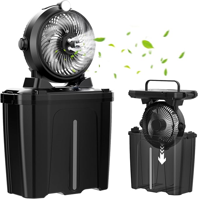 Portable Misting Fan with 11L Bucket & 20000mAh Battery，Rechargeable Battery Powered Fans for Patios with Night Light, 3 Wind Speed & 3 Spray Mister Camping Outdoor Fans, Waterproof Design