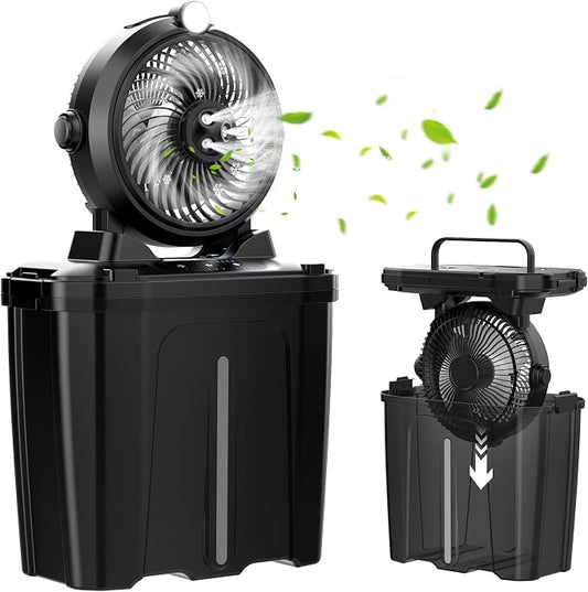 Portable Misting Fan with 11L Bucket & 20000mAh Battery，Rechargeable Battery Powered Fans for Patios with Night Light, 3 Wind Speed & 3 Spray Mister Camping Outdoor Fans, Waterproof Design