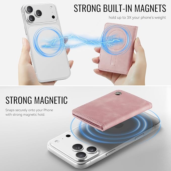 Slim PU Leather RFID Magnetic Wallet for Men and Women, Minimalist Magnet Card Holder Phone Wallet Compatible with Magsafe for Apple iPhone 17 16 15 14 13 12 Series, Retro Pink