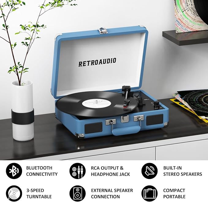 Vinyl Record Player Bluetooth Vintage Portable Suitcase Turntable with Built-in Speakers 3-Speed Belt-Driven Record Player Support RCA Output and Headphone Output