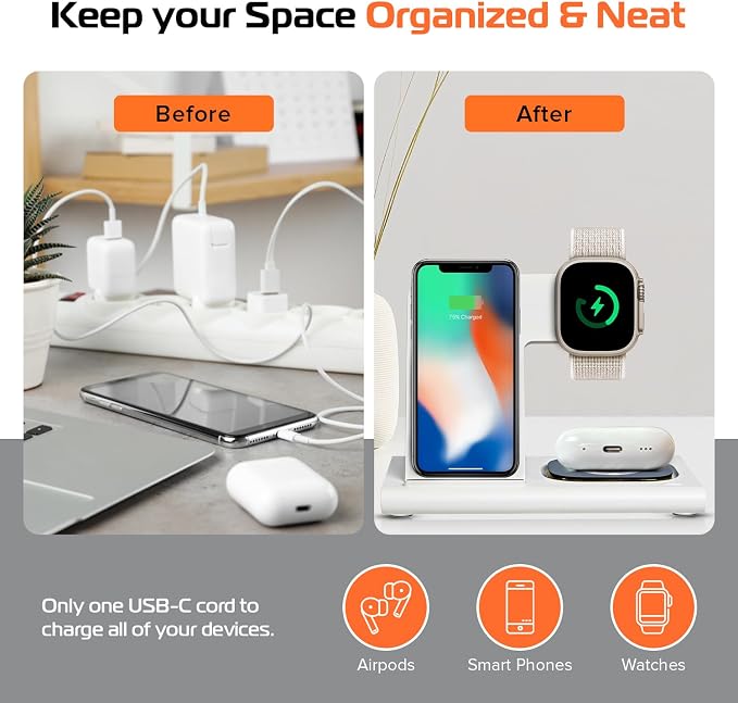 Spracht Flex Charge 3-3 in 1 Charging Station, Portable Charging Station for Smartphones, Smart Watches, Earbuds – 25W Fast Wireless Charger Stand Night Light – Foldable Travel Charger 3 in 1 (White)