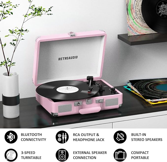 Vinyl Record Player with Built-in Speakers 3-Speed Vintage Record Player Bluetooth Portable Suitcase Turntable Belt-Driven LP Player Support RCA Output and Headphone Output (Pink)