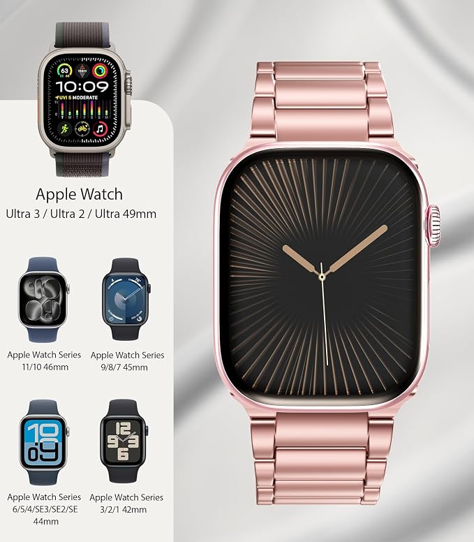 Upgraded Titanium Band Replacement Compatible with Apple Watch Band Ultra 3 Ultra 2/Ultra 49mm,iWatch Series 11/10 46mm,9/8/7 45mm,SE3/SE2/SE/6/5/4 44mm,3/2/1 42mm, Titanium Watch Band, Rose Gold