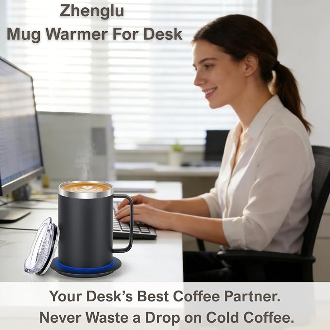 Coffee Warmer Mug Set for Desk, Self Heating Coffee Cup with Lid, USB Electric Coffee Mug with Temperature Control(Black-14oz)