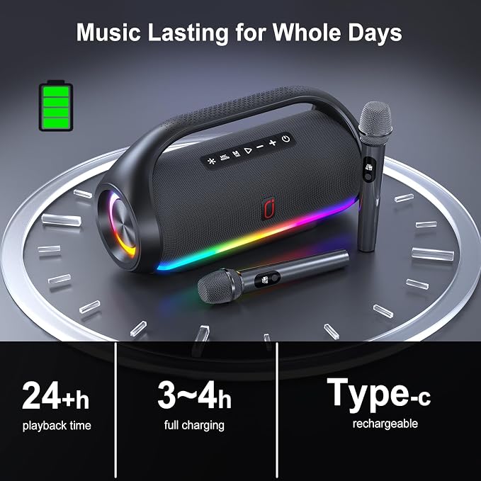 HWWR Portable Bluetooth Speaker with 2 Wireless Microphones, Loud Portable Speakers System, Deep Bass, Echo & Vocal Cut, IPX5 Water Resistant Outdoor Party PA Audio for Adults Kids Home Singing