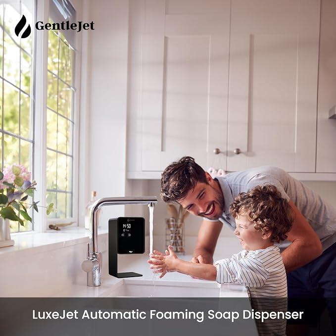 GentleJet LuxeJet Automatic Foaming Soap Dispenser Touchless Sensor, LED Display, 5 Foam Levels, Wall Mount or Countertop, Rechargable USB-C or Battery Powered, Aluminum Alloy, 480 ml Refillable