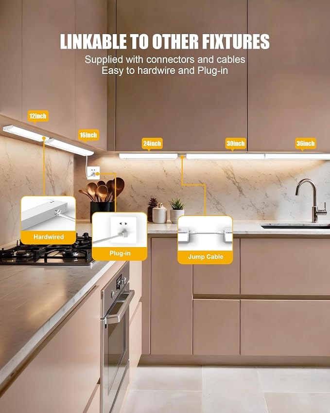 Under Cabinet Lighting Hardwired & Plug-in, 12 inch 3CCT Dimmable Linkable Under Counter Lights for Kitchen,with Power Cord and Linked Cord, CRI 97, 120V,8W,700Lm, White