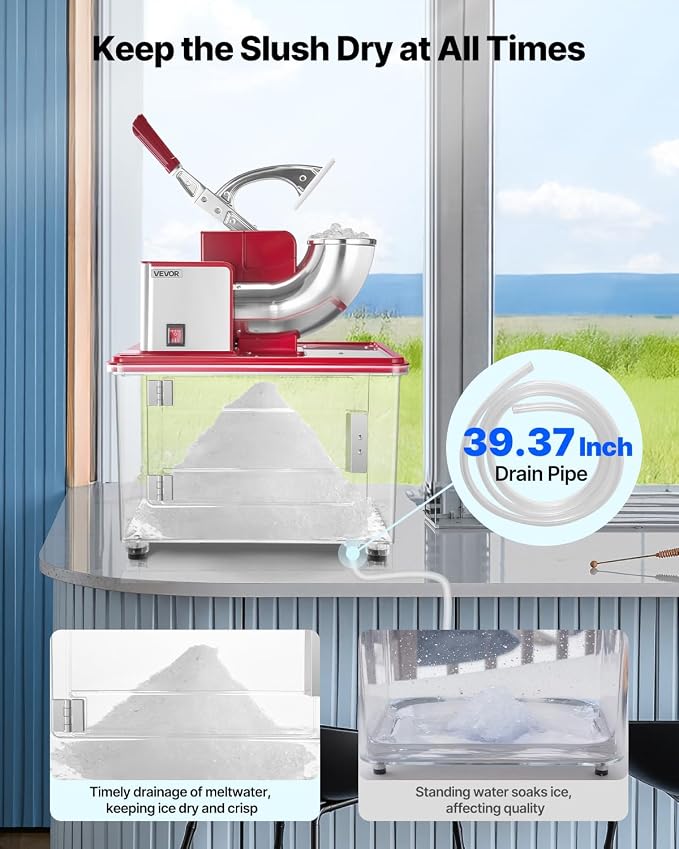 VEVOR Commercial Ice Crusher 661LBS/H, 350W Electric Snow Cone Machine with 4 Blades, 2000RPM Stainless Steel Shaved Ice Machine with 11 Gal Crushed-Ice Box, for Family Restaurants Bars, Red