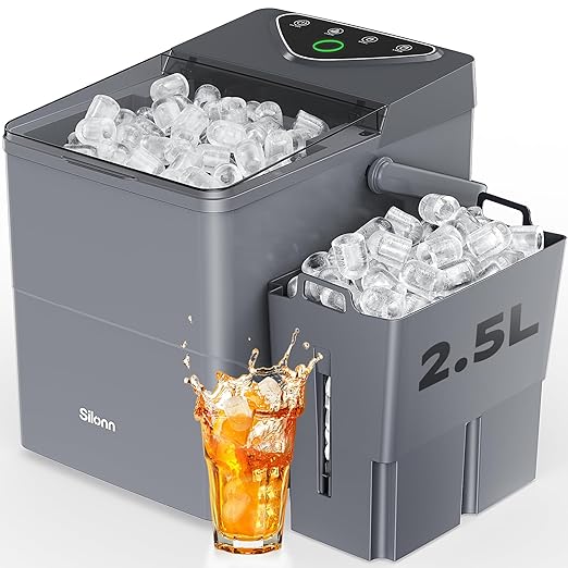 Silonn Countertop Ice Maker with Expanding 2.5L Ice Basket, 26.5lbs/24H, 9 Cubes in 6 Mins, Self-Cleaning Ice Maker with LED Touch Control, 2 Bullet Ice Sizes for Home, Kitchen, Office, Grey