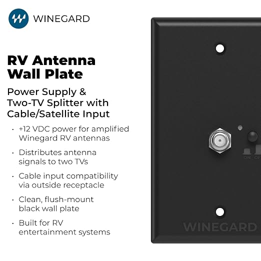 Winegard RV-8032 Wall Plate Power Supply – Black – RV Antenna Power & 2-TV Splitter with Cable Input