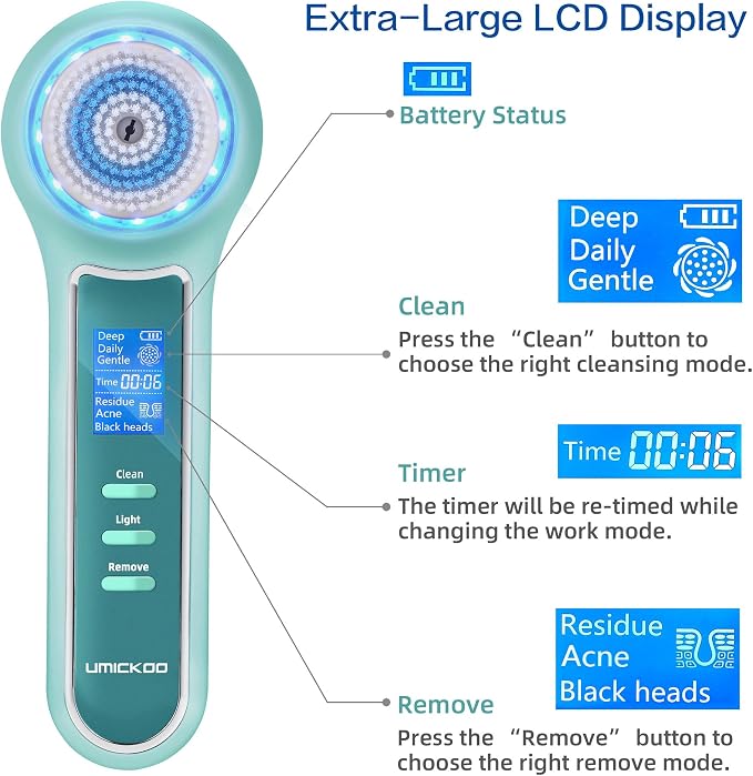 UMICKOO Face Scrubber Exfoliator,Facial Cleansing Brush Waterproof with LCD Screen,Blackhead Remover Vacuum with 5 Brush Heads,Face Spin Brush for Exfoliating (Mint-Green)