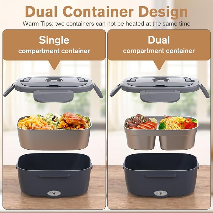 Vabaso Electric Lunch Box for Adults, 80W Heated Lunch Box with Dual 1.5L Stainless Steel Containers, Portable Food Warmer for Men Work Car Truck, 12V/24V/110V/220V - Eternal Gray