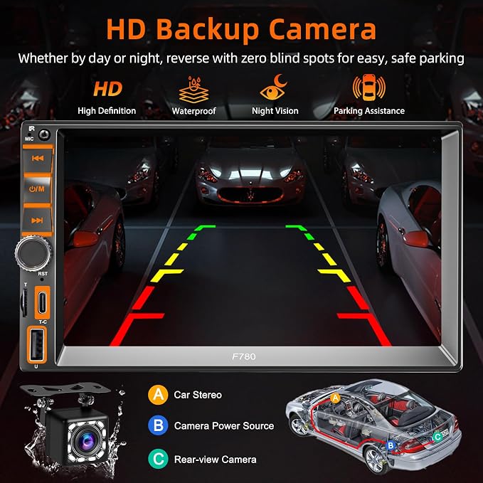 7" Wireless Double Din Car Stereo Carplay Radio Screen for Car Audio Receivers, Car Stereo with Backup Camera, Car Play Android Auto Touchscreen, Mirror Link, Bluetooth, AM/FM, Type-C