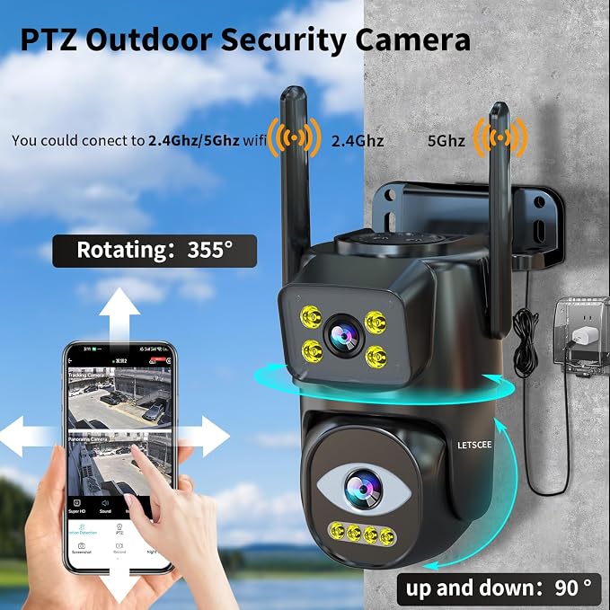 LETSCEE Dual Lens WiFi Security Camera Outdoor, 2.4G/5G PTZ Outdoor Plug-in Camera Auto Tracking,Home Security Surveillance System,WiFi,Night Vision,7/24 Recording