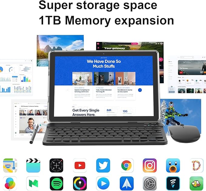 Android 14 Tablet 2 in 1 Tablets 10 Inch Tablet with Keyboard Mouse Case Protective Stylus 10.1" Tab 8GB+64GB Support 1TB Expansion 2MP+8MP Dual Camera 6000mAh Battery Bluetooth WIFI-6 Android Tableta