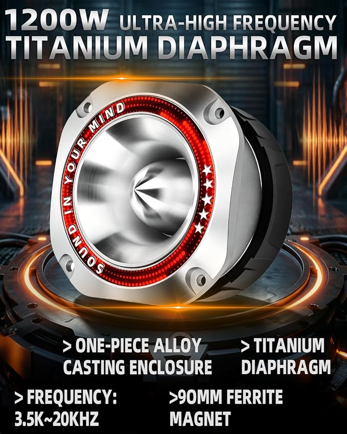 4 Inch Super Tweeters for Car Audio, 1200W MAX 4 Ohm Bullet Tweeter Speakers Pair, 107dB Titanium Compression Drivers with 1.5 Inch Voice Coil for Door Panels Speaker Boxes