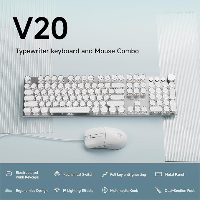 EWEADN Wired Typewriter Keyboard and Mouse Combo, Typewriter Style Mechanical Keyboard,104 Keys Backlit LED Keyboards, Media Control Knob, Wired Keyboard White Switch for Windows/PC-White