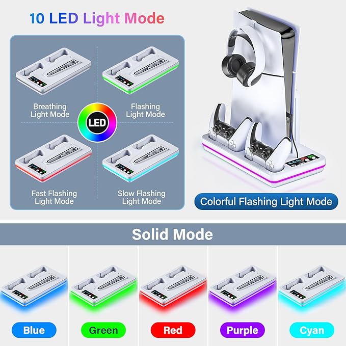 Fegliea PS5/PS5 Slim Stand with Cooling Station, PS5 Cooling Stand with Dual Controller Charging Station for PlayStation 5 Disc & Digital Console, PS5 Accessory with 10 LED Light, 3-Level Cooling Fan