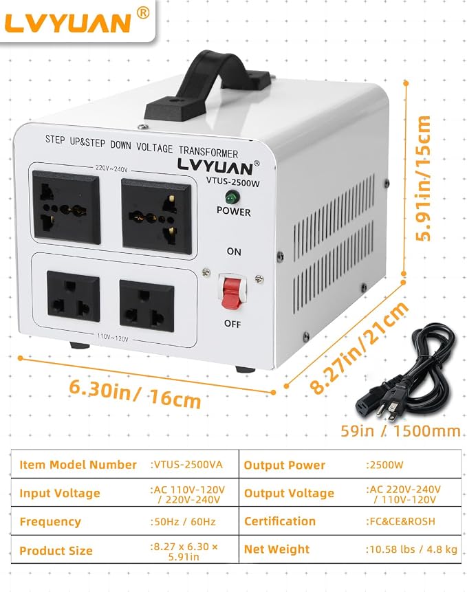 LVYUAN 2500W Voltage Transformer Power Converter Step Up 110V to 220V, Step Down 220V to 110V, 110/120 Volt - 220/240 Volt