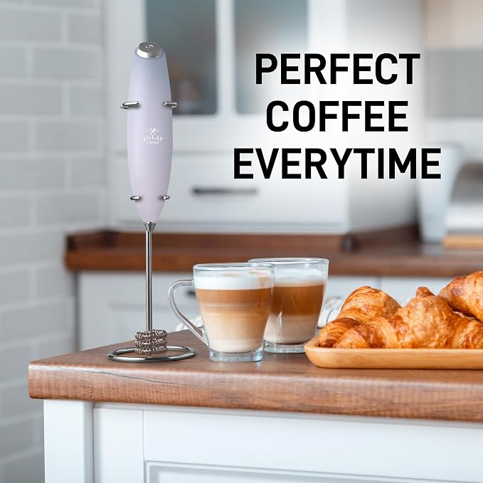 Zulay Kitchen Powerful Milk Frother Wand With Duracell Batteries - Ultra Fast Handheld Drink Mixer - Electric Whisk Foam Maker for Coffee, Lattes, Cappuccino & Matcha - Triple Whisk - Pale Cloud