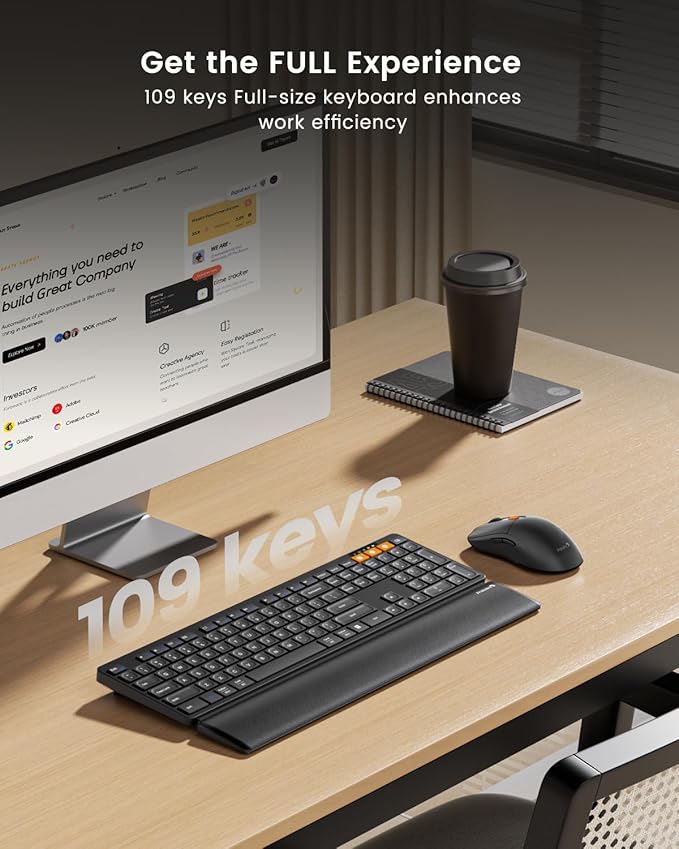ProtoArc KM60 Wireless Bluetooth Keyboard and Mouse, Ergonomic Keyboard with Wrist Rest, Multi-Device, 2.4GHz + Dual Bluetooth, Full Size, Rechargeable, for Laptop/Computer/PC/Windows/Mac, Black
