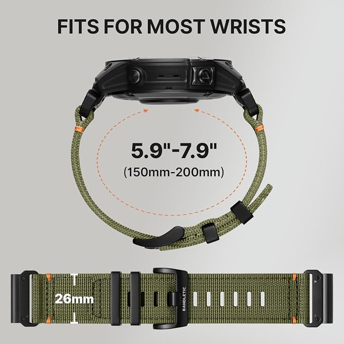 Bandletic Compatible with Fenix 8 51mm Band - 26mm Quick Fit Rugged Nylon Strap for Fenix 7X 6X Pro/5X Plus/3/3 HR/Instinct 2X Solar 3 50mm /Enduro/Quatix 6X 7X/Tactix Delta Charlie/Epix Pro 2/Descent
