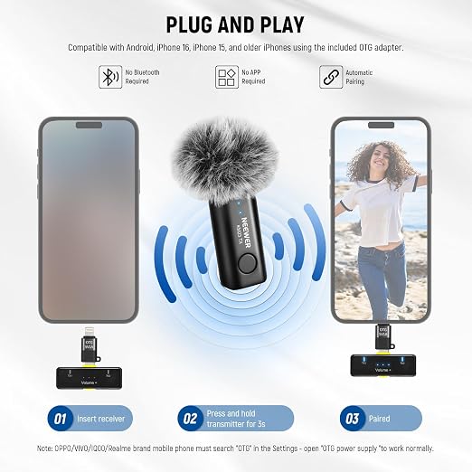 NEEWER Lavalier Wireless Microphone System, 1x USB C Receiver with OTG Adapter & 1x Noise Cancelling Omnidirectional Condenser Transmitter Compatible with iPhone 16 Pro Max S24 Ultra, KM23