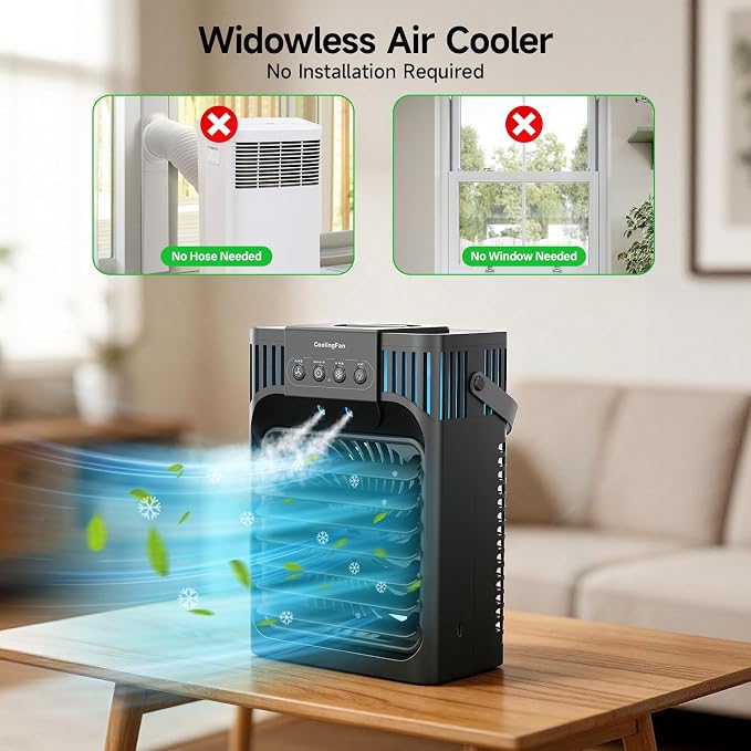 Portable air conditions with remote control, silent with 3 speeds, cooling fan of 1200 ml Personal Air Cooler Fan with 3 Mist, 7 Night Light, 8H Timer, Small Air Conditioner for Bedroom Office
