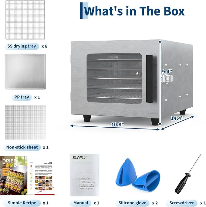 6-Tray Food Dehydrator, Stainless Steel Single Door Electric Dehydrator with 6 Stainless Steel Trays, Adjustable Temperature Control, 48H Timer, for Jerky, Fruits, Vegetables, Dog Treats, Snack