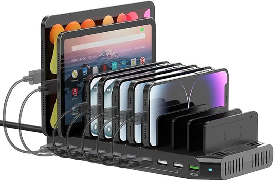 SUIDEK Multi USB Charging Station for Multiple Devices, 60W 10 Ports Multi Charger Station with QC3.0 Port & Adjustable Dividers Compatible with Tablets, Smartphones