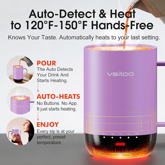 Vsitoo S3 Pro 16oz Smart Self Heating Coffee Mug, Heated Coffee Mug with AI Auto-Sensing Temperature Control, 120-150℉ Rechargeable Smart Mug Warmer, IPX7 Waterproof, Gift for Men Women, Purple