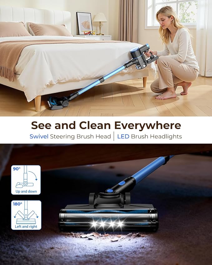 UML0 N8 Cordless Vacuum Cleaner,Lightweight Stick Vacuum with Powerful Suction,2200mAh Battery,40 Mins Runtime, Self-Standing,Rechargeable Vacuum Cleaners for Home Hardwood Floor Pet Hair (Cobalt)