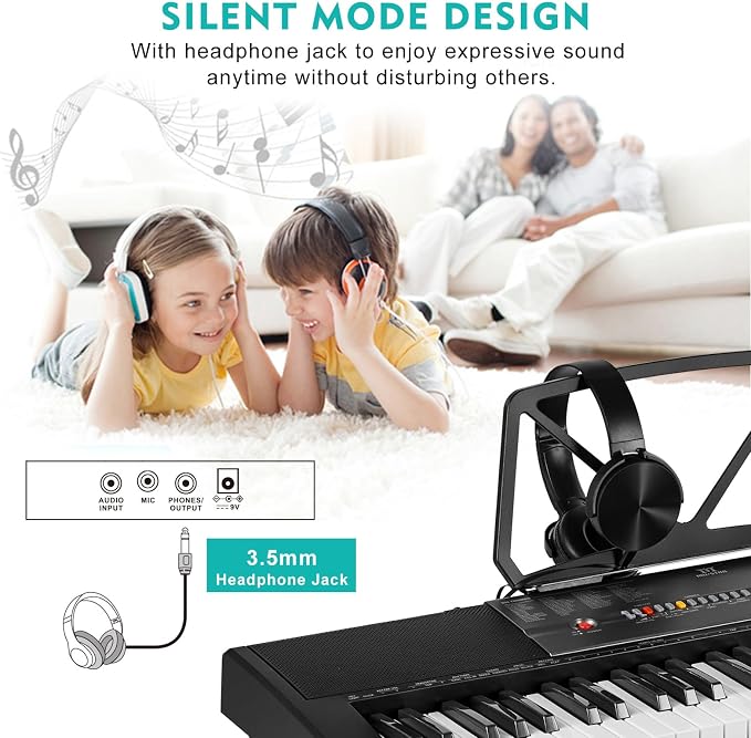 MUSTAR 61 Key Piano Keyboard, Electric Piano Keyboard with Lighted Up Keys, Learning Keyboards Piano for Beginners With Piano Stand, LCD Screen, Headphones, Microphone (Black with Stool)