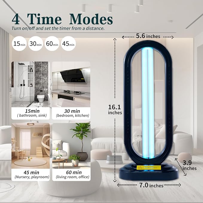 UV Light Sanitizer w/Spare Bulb with Ozone,UVC Disinfection Lamp with Remote Control,Ultraviolet Light Sanitizer for Whole Home,Room & Kitchen,UV Sterilizer15/30/45/60 Minutes Timer