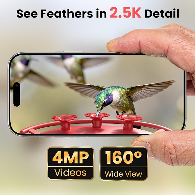 Smart Hummingbird Feeder Camera with AI Identification, 2.5K HD & Color Night Vision, Solar Powered Outdoor, IP66 Weatherproof – Garden Decor & Premium Gift