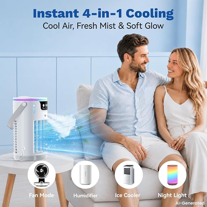 Portable Air Conditioners Fan, 1200ML Personal Evaporative Air Cooler with Water Tank, Ice Cooling Fan, Mini Desk Swamp Cooler for Bedroom, Office, Dorm, Home
