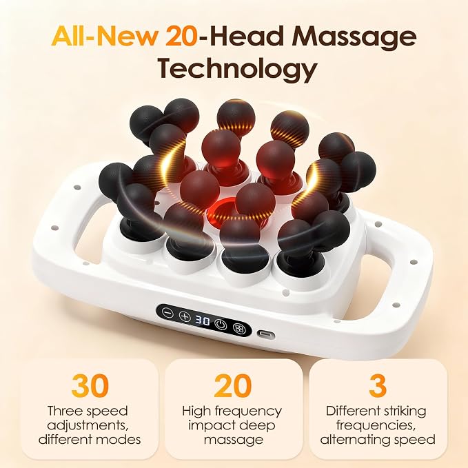 20-Head Massage Gun Set, Deep Tissue Percussion Massager with 3 Modes & 30 Intensities, Muscle Massager Pain Relief, Portable Massage Gun for Back/Shoulders/Legs/Waists (White,20-Head)