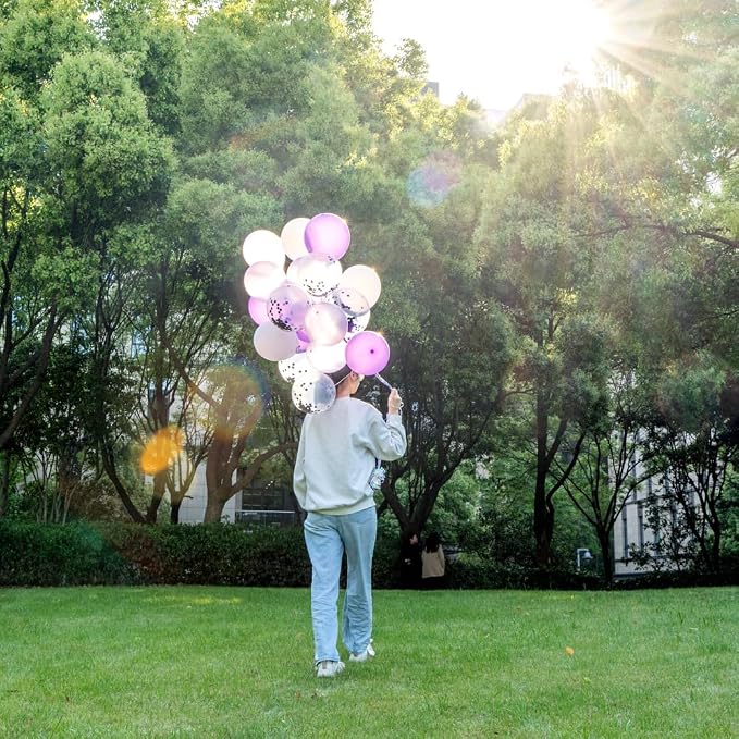 Restaurantware Balloonify 12 Inch Confetti Balloons 19 Party Balloons With Confetti Dots - With Ribbon Strong Latex Purple Latex Balloon Set Decorations For Photo Shoot Wedding Or Party