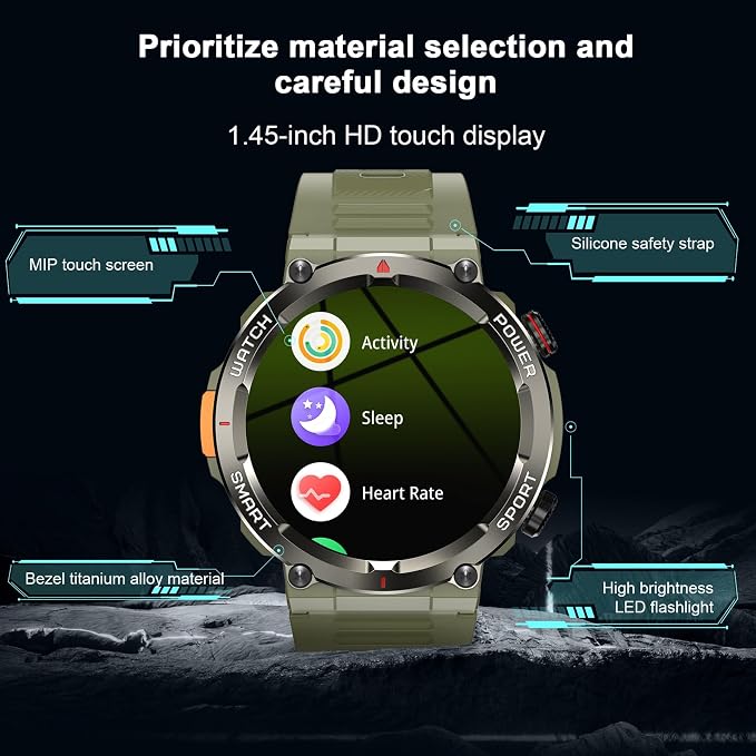 Military Tactical Smart Watches for Men, 100-Day Battery Rugged Fitness Watch with Compass & Flashlight, Sports Watch for Android with 1.45" HD Display AI Voice, IP68 Waterproof Smartwatch (Green)