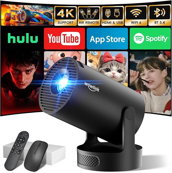 [Built-in Apps & 2026 Upgraded] Mini Projector with WiFi 6 and Bluetooth 5.4 Support 4K 1080P Auto Keystone 180° Rotatable Projector Portable Compatibile with HDMI/TV Stick/Memory Stick/Laptop, Dark