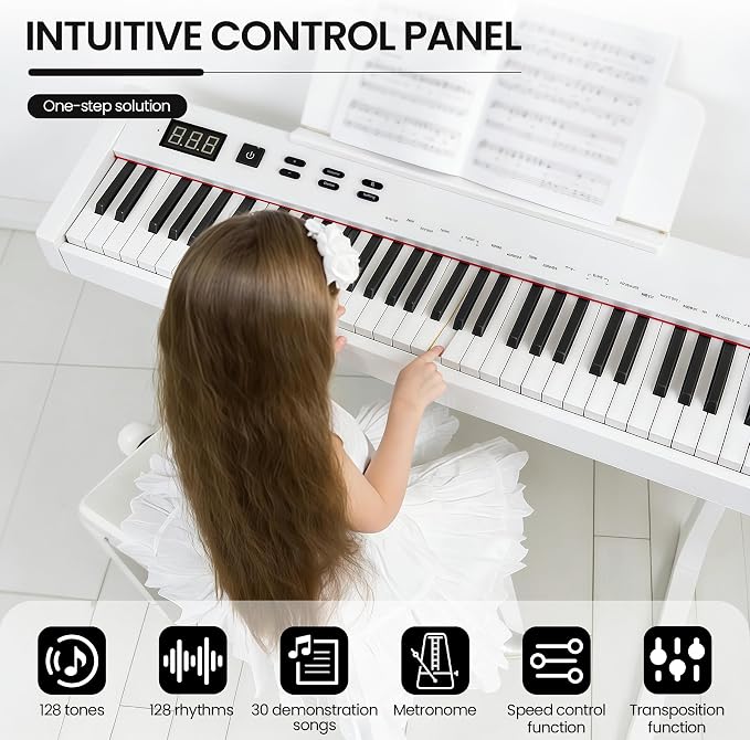 Carina 88 Key Piano Keyboard with Semi-Weighted Keys Portable Piano, 128 Tones, Speakers, USB-MIDI, Carry-Bag, Sustain Pedal, Electric Keyboard Piano for Beginners, (White)
