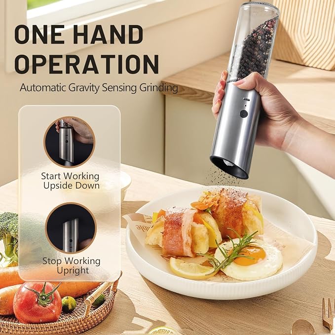 Gravity Electric Salt and Pepper Grinder Set With Wooden Base, USB Rechargeable Stainless Steel Mills with Large Capacity, LED Light, Adjustable Coarseness, Ideal for Kitchen and Dining(2 Pack)