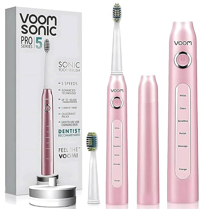 Voom Sonic Electric Toothbrush – Bathroom Essentials & Travel Essentials – Ultrasonic Electric Toothbrush for Adults – USB Rechargeable 40,000 Strokes/Minute – 5 Speeds – Pro 5 Series (Pink)
