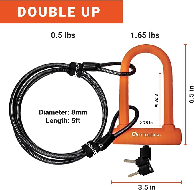 OTTOLOCK Sidekick Compact U-Lock and Cable Bundle - Lightweight Anti-Theft Bike Lock for Road, Mountain & Electric Bikes with Keys, Orange