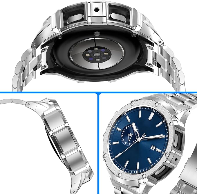 BAITEYOU Stainless Steel Bands with Case Compatible with Samsung Galaxy Watch 6 44mm, Rugged Protective Case Cover and Metal Band for Galaxy Watch 6 44mm for Men (Silver)