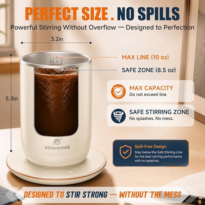 Self Stirring Heated Coffee Mug, 10 oz Auto Magnetic Mixing Cup, White | 304 stainless steel interior. Includes 3 heat settings, 8H auto shut-off, plug-in base for home office desk