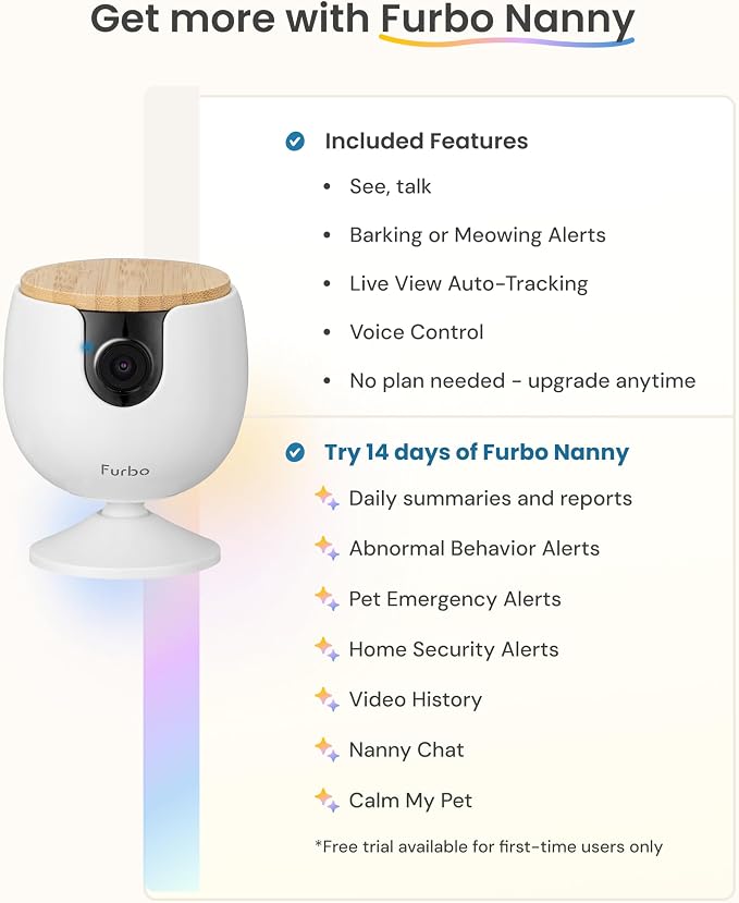 Furbo Mini Pet Camera: Basic See & Talk Features, No AI Alerts, No Subscription Required, Pet Security Cam w/Barking/Meowing Alerts, Rotating View, 2-Way Audio, Smart Home Monitoring