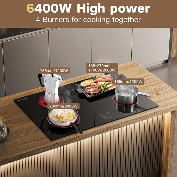 30 Inch Electric Cooktop Built-in Electric Stove Top, 4 Burner Electrics Stove 6400W, Touch Control, Extended Zone, Timer, Safety Lock, Pause, 220-240v, Hard Wire